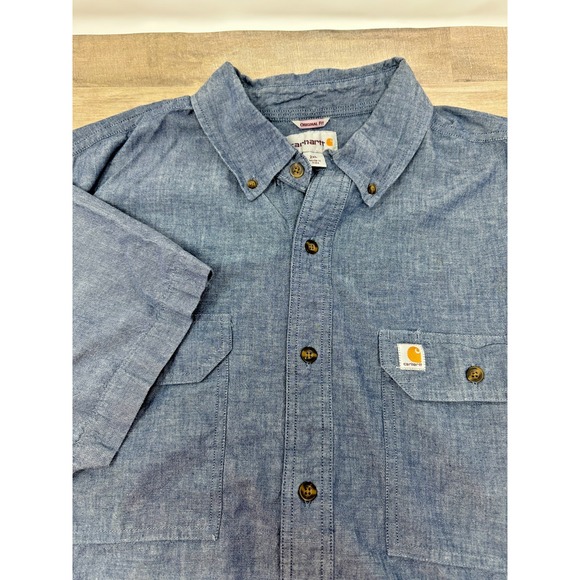 Carhartt Original Fit Button Down Short Sleeve Shirt Blue Chambray Men Size 2XL - Picture 1 of 9